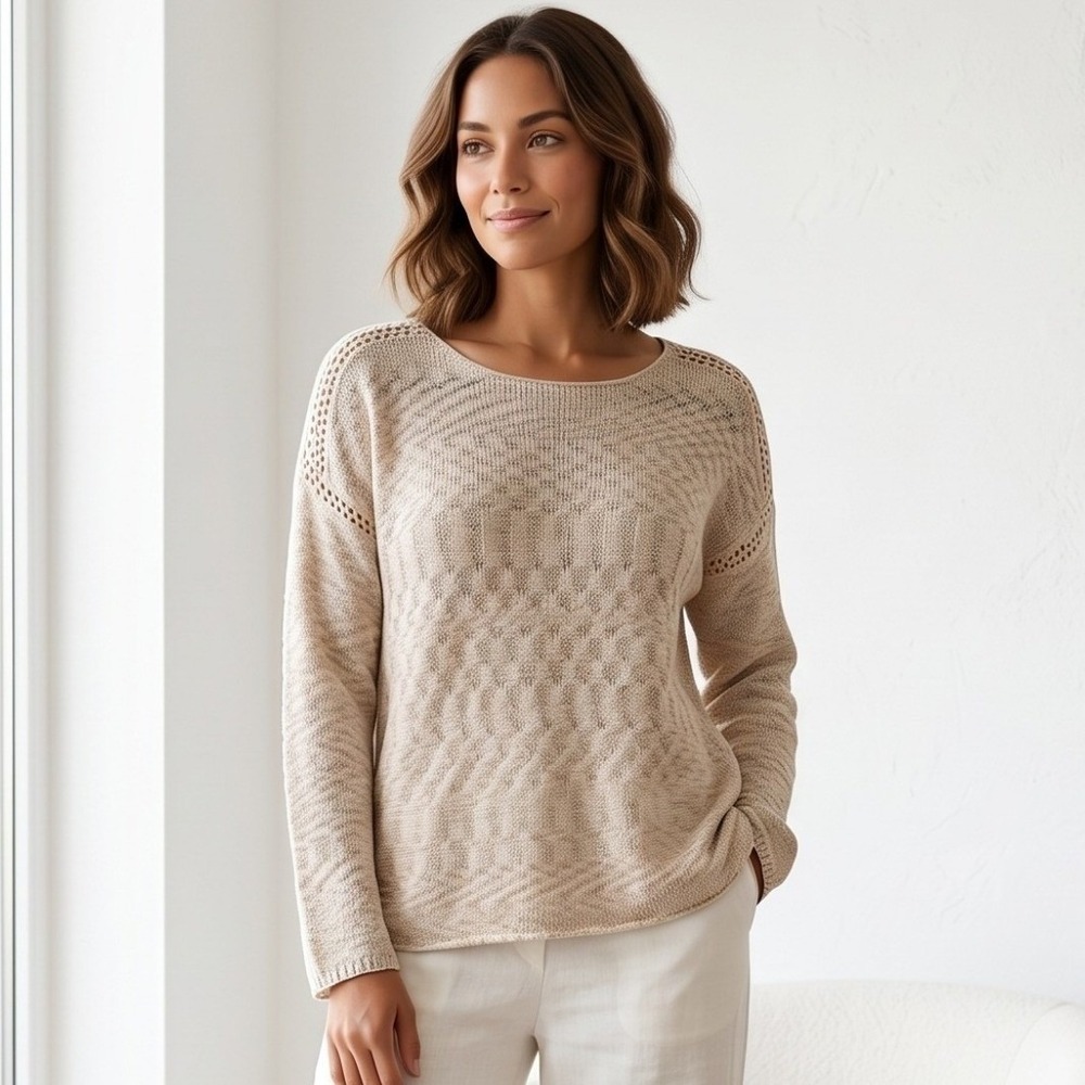 Artisan NY Textured Knit Sweater Beige Lightweight Boho Coastal Beach Pullover